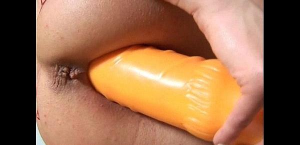  Petite brunette gapes her pussy with a brutal dildo